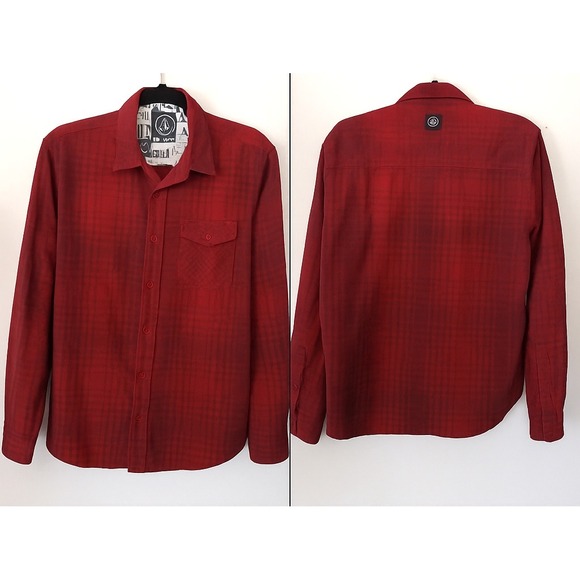 Volcom Red Plaid Flannel Shirt Men's Medium Button Up Grunge Skater - Picture 1 of 8